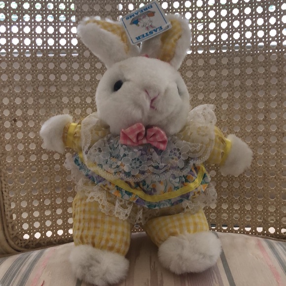 2 NWT Easter Bunny Rabbit White Wearing lace and gingham stuffed animals - Picture 10 of 16